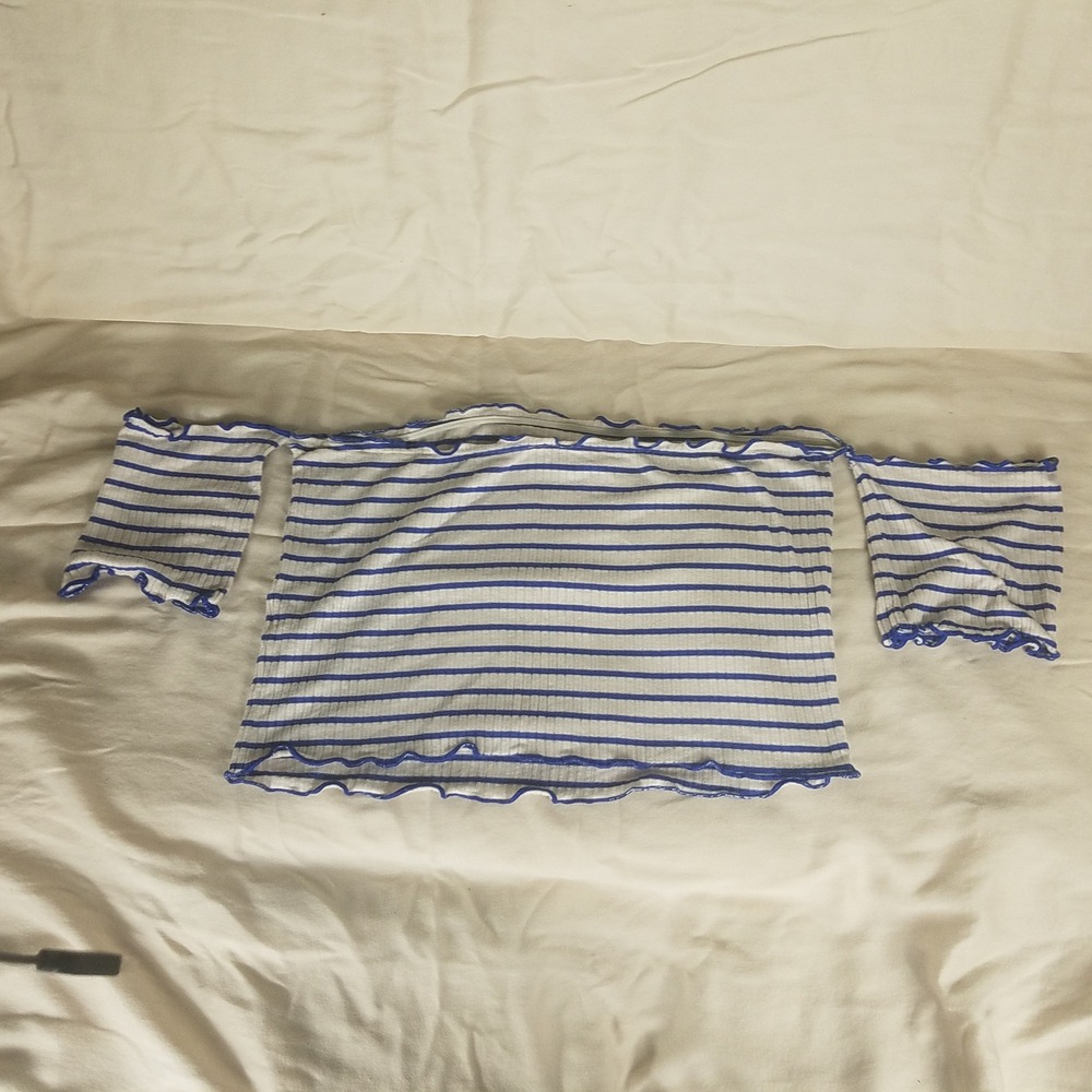 ASOS Off Shoulder Crop Top Womens 10 Blue White Excellent Striped Lettuce Edge